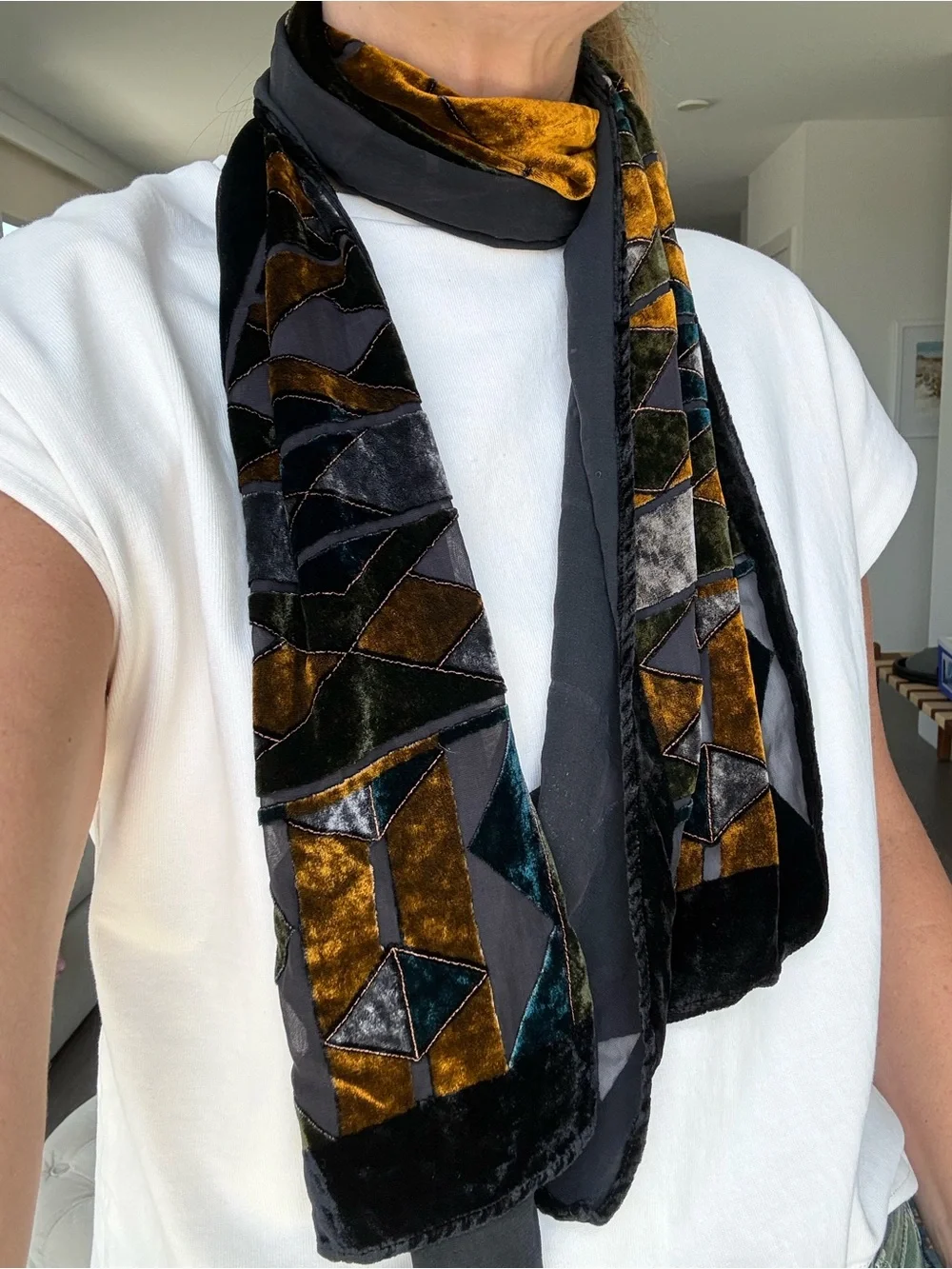Geometric Velvet Patchwork Scarf Jewel Tone Art Deco Style 13” x 57.5”